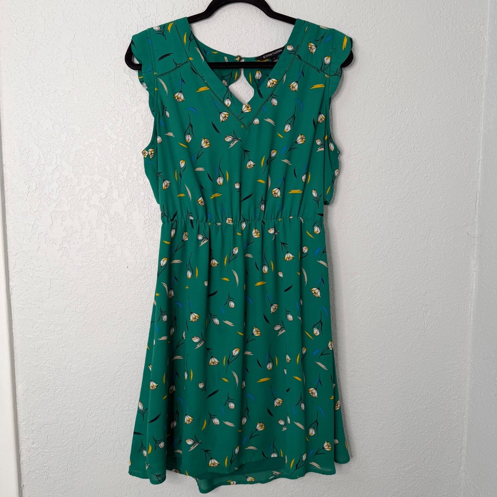 41 Hawthorn Green Floral Tulip V-Neck Ruffle Sleeve Fit Flare Dress Large